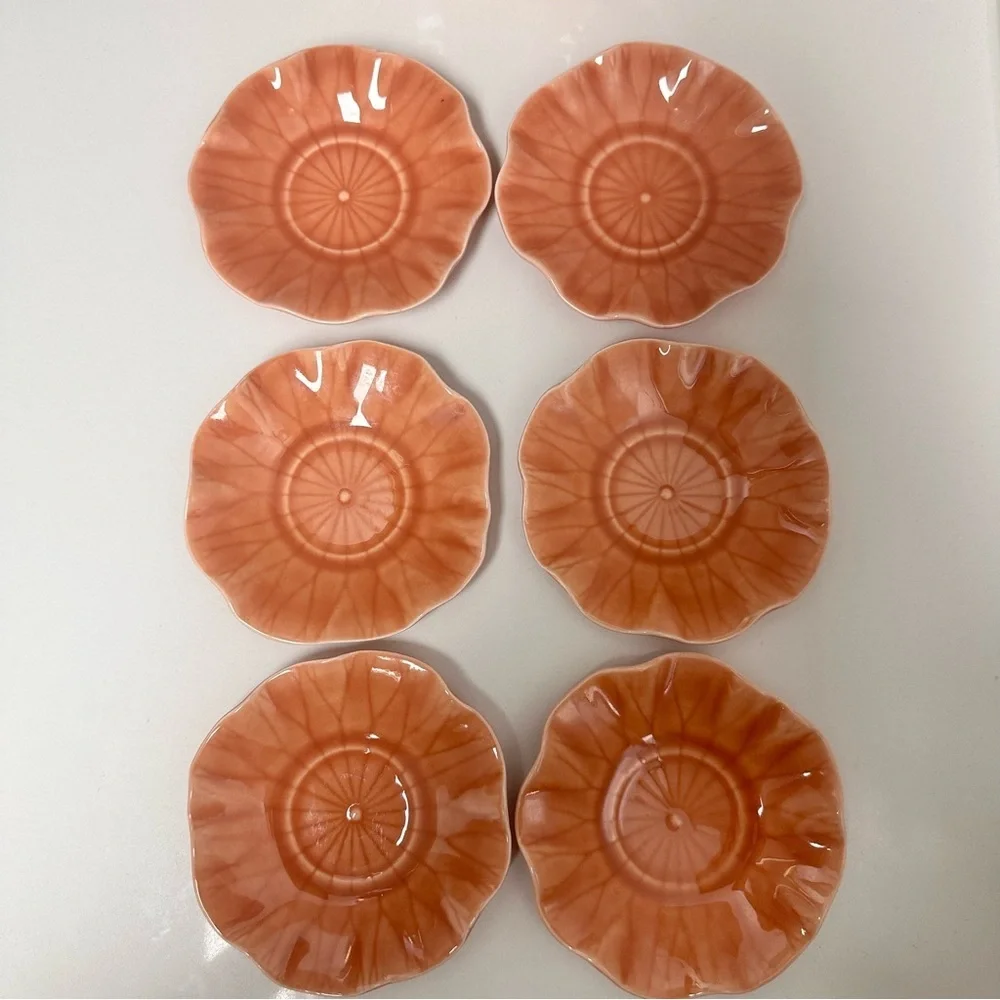Vtg Peach Apricot Lotus by Metlox PoppyTrail Set Of 6 Espresso Cups W/Saucer EUC